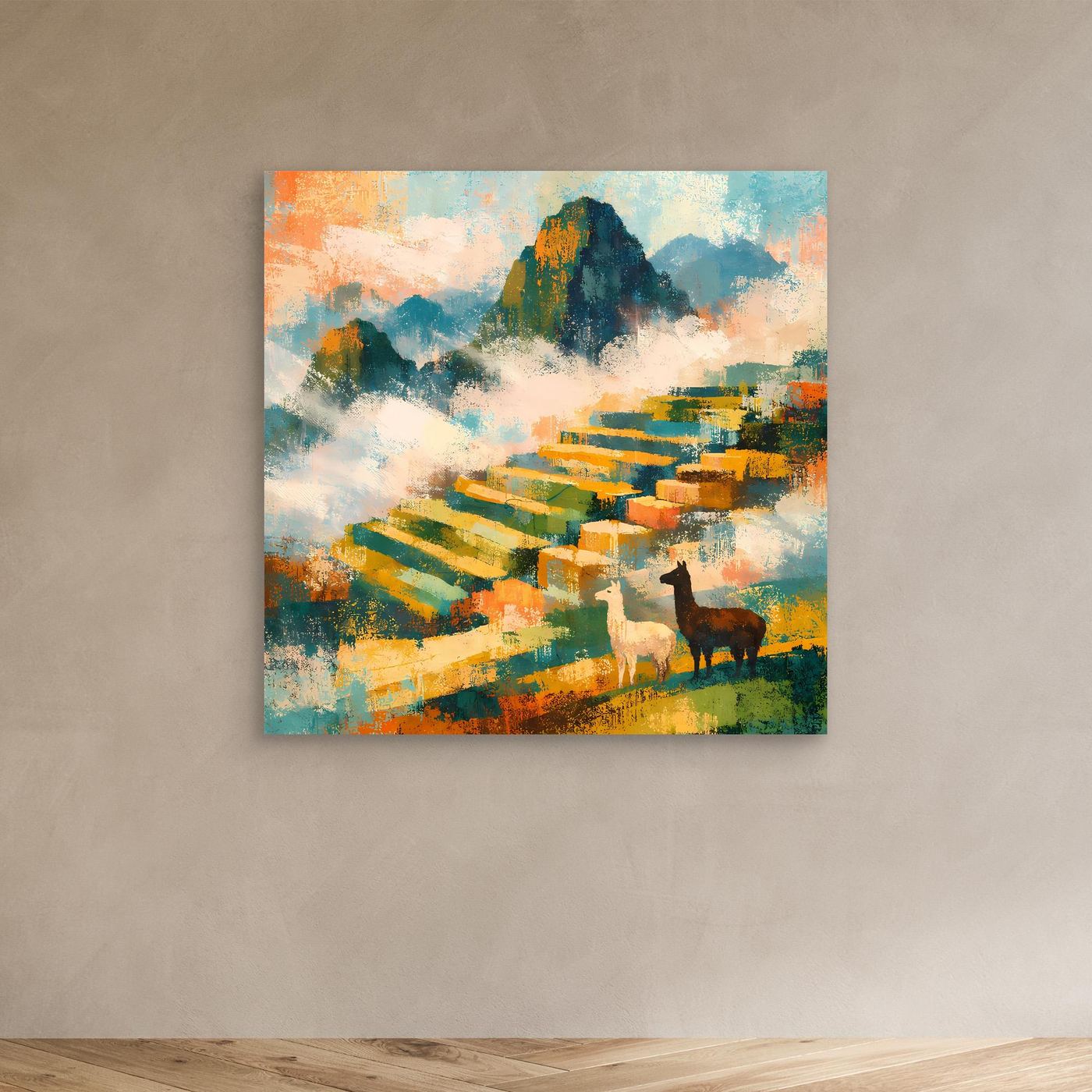 Leinwand-Wandbild mit abstrakter Landschaft, farbigen Terrassen und zwei Alpakas