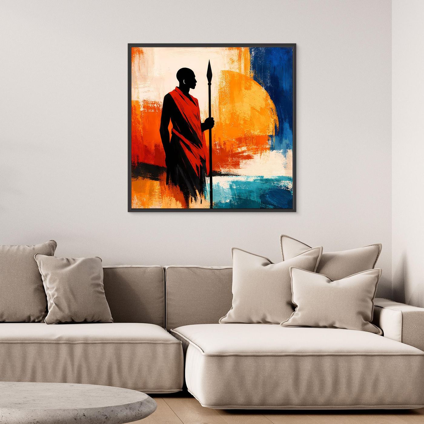 Leinwand Afrikanischer Krieger bei Sonnenuntergang | Modernes Ethno Silhouette Wandbild