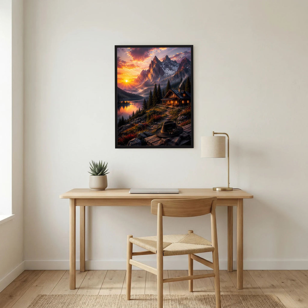 Hochformatiges Poster mit schwarzem Rahmen: Wanderweg und Berghütte am See bei Sonnenuntergang