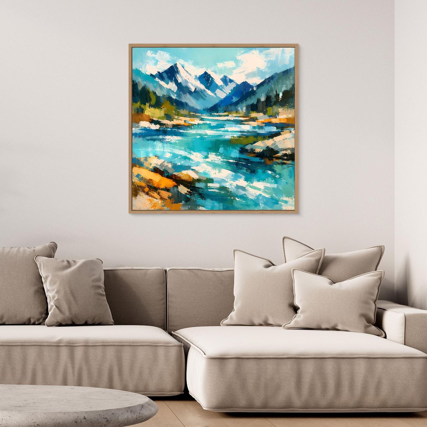 Abstraktes Leinwand-Wandbild mit Berglandschaft und Fluss im Holzrahmen, türkis/blau