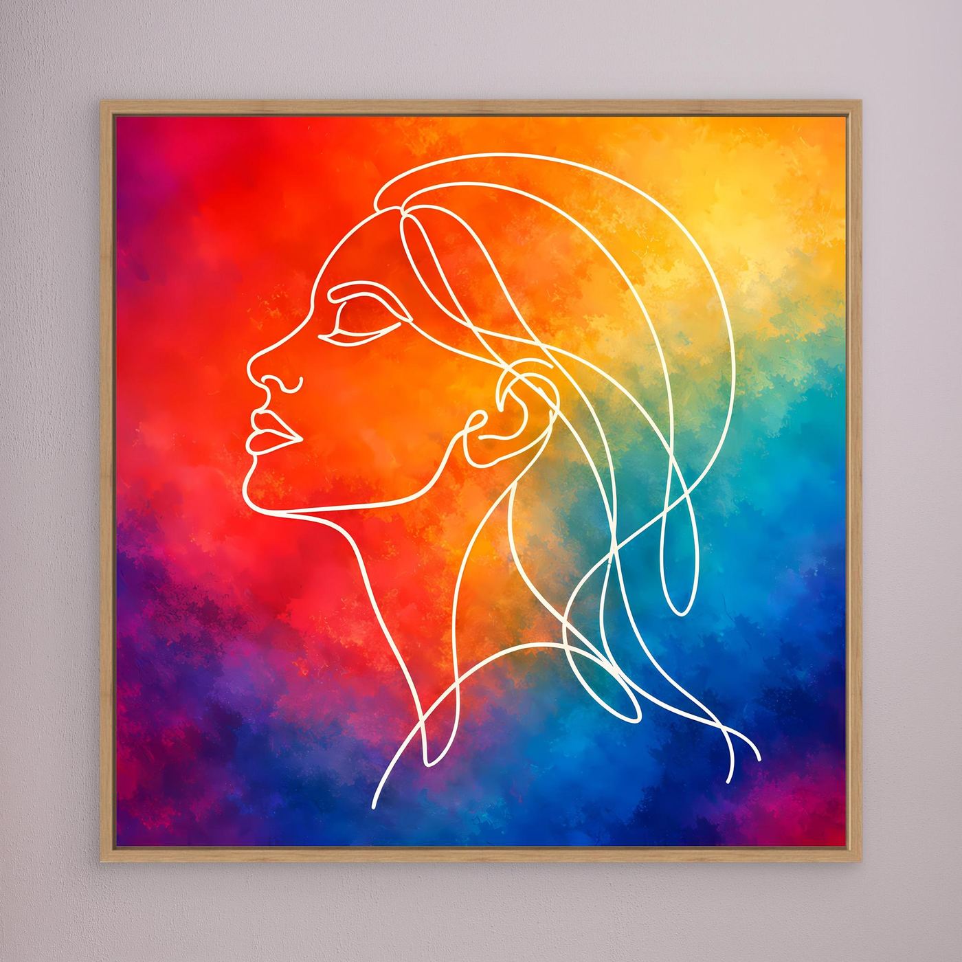Gerahmtes Leinwandbild mit abstrakter Frauen-Silhouette in Regenbogenfarben, Holzrahmen