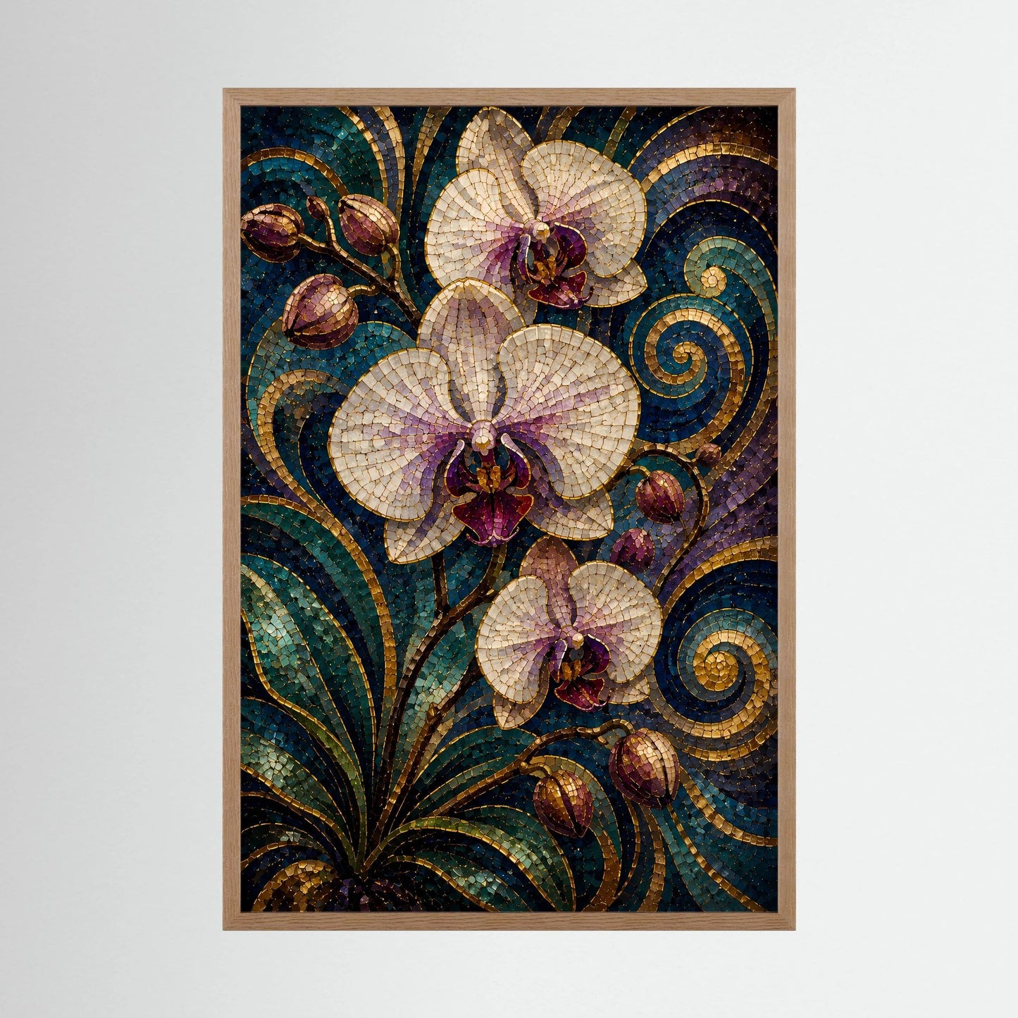 Gerahmtes Orchideen-Poster, Mosaikstil mit weißen Blüten, türkis-goldenen Ornamenten