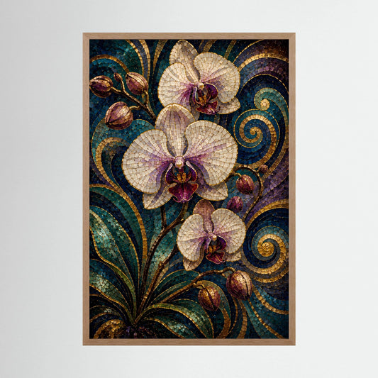 Gerahmtes Orchideen-Poster, Mosaikstil mit weißen Blüten, türkis-goldenen Ornamenten