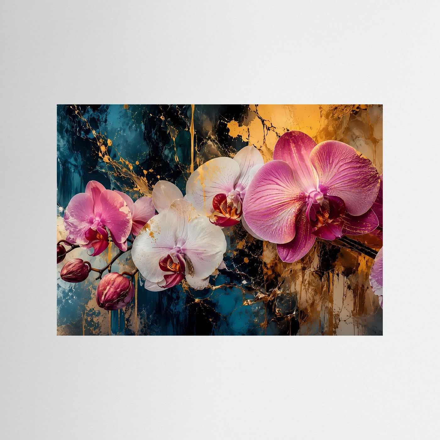 Orchideen Poster Querformat | Elegante Blumen Wandkunst in Rosa, Weiß & Gold | Modernes Floral Wandbild