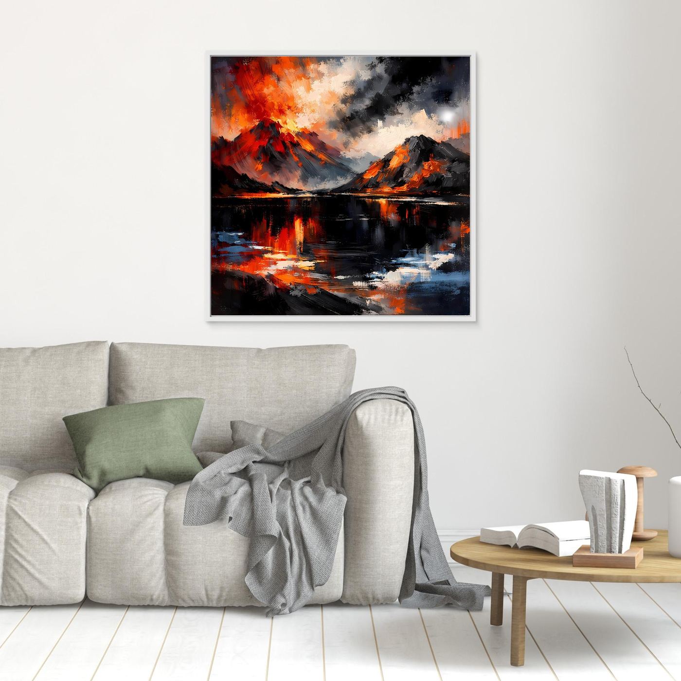 Kleines Wandbild mit abstrakter Vulkanlandschaft, Lavaausbruch über See und Berge, ohne sichtbaren Rahmen