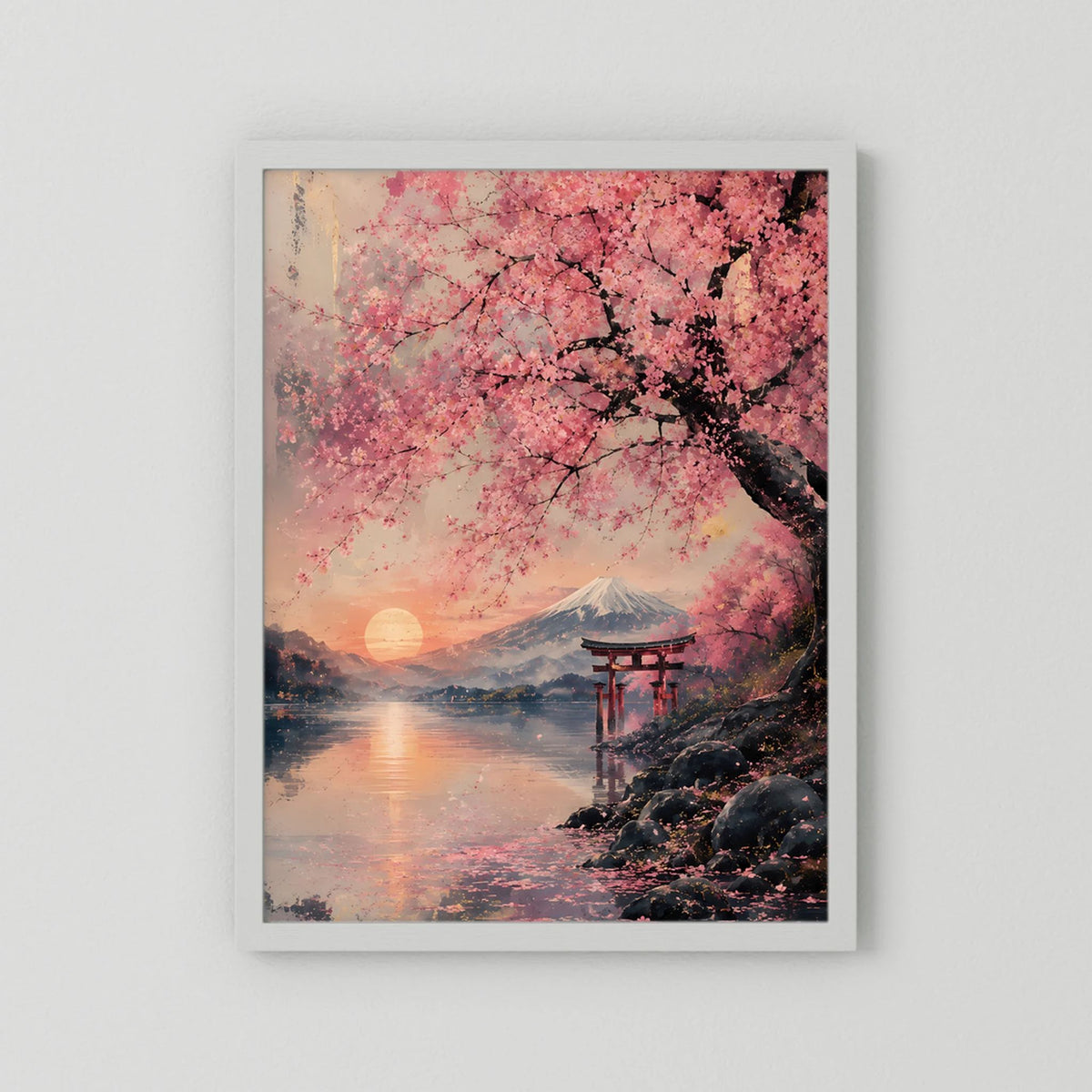 Kirschblüten-Poster mit Fuji und Torii am See, im weißen Rahmen