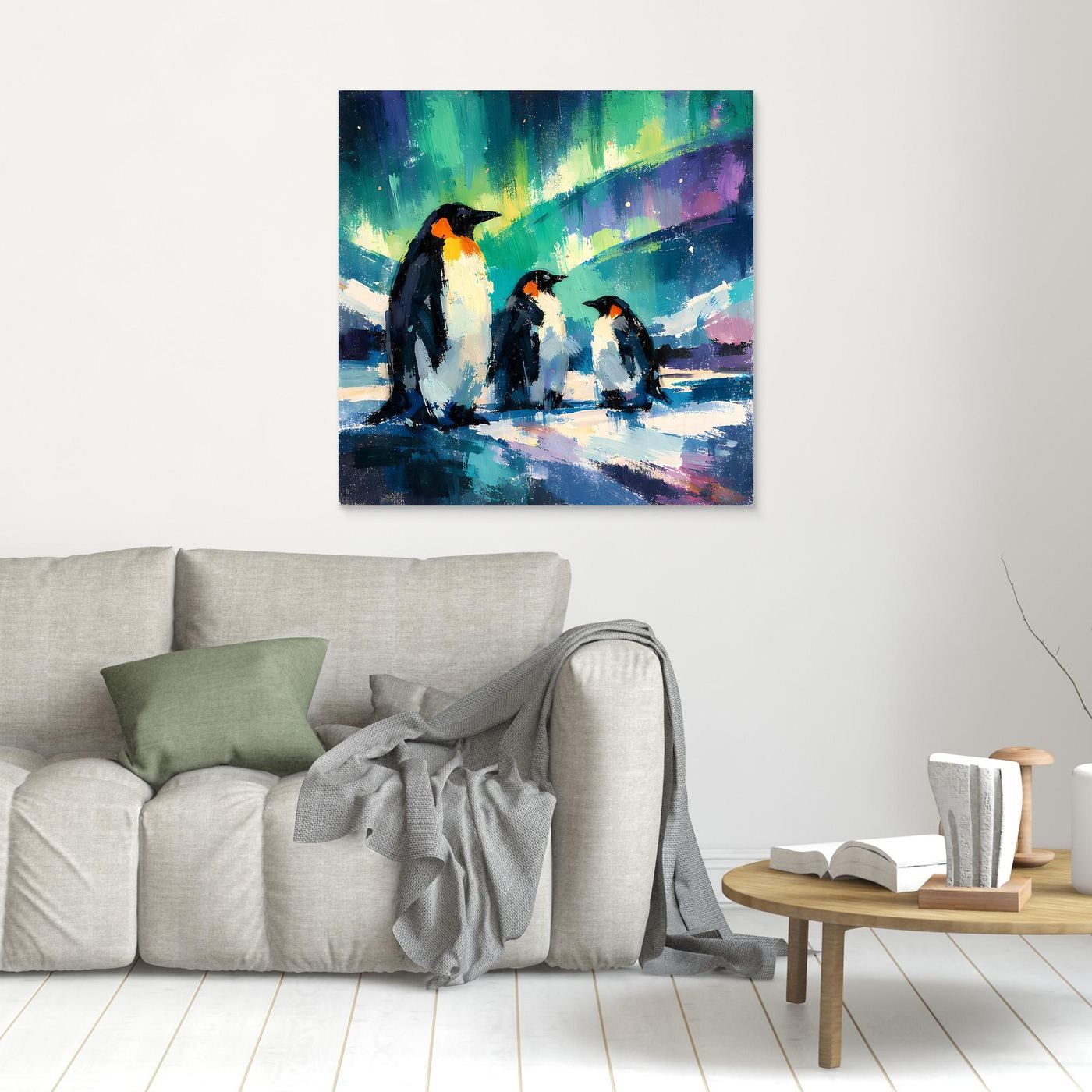 Leinwand Majestätische Pinguine unter Polarlichtern | Abstraktes Antarktis & Nordlicht Wandbild