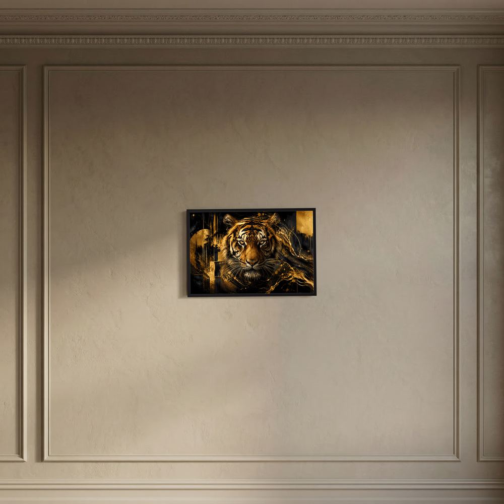 Tiger-Poster im Querformat: goldener Raubtierkopf, dunkle Urban-Grafik, im hellen Rahmen