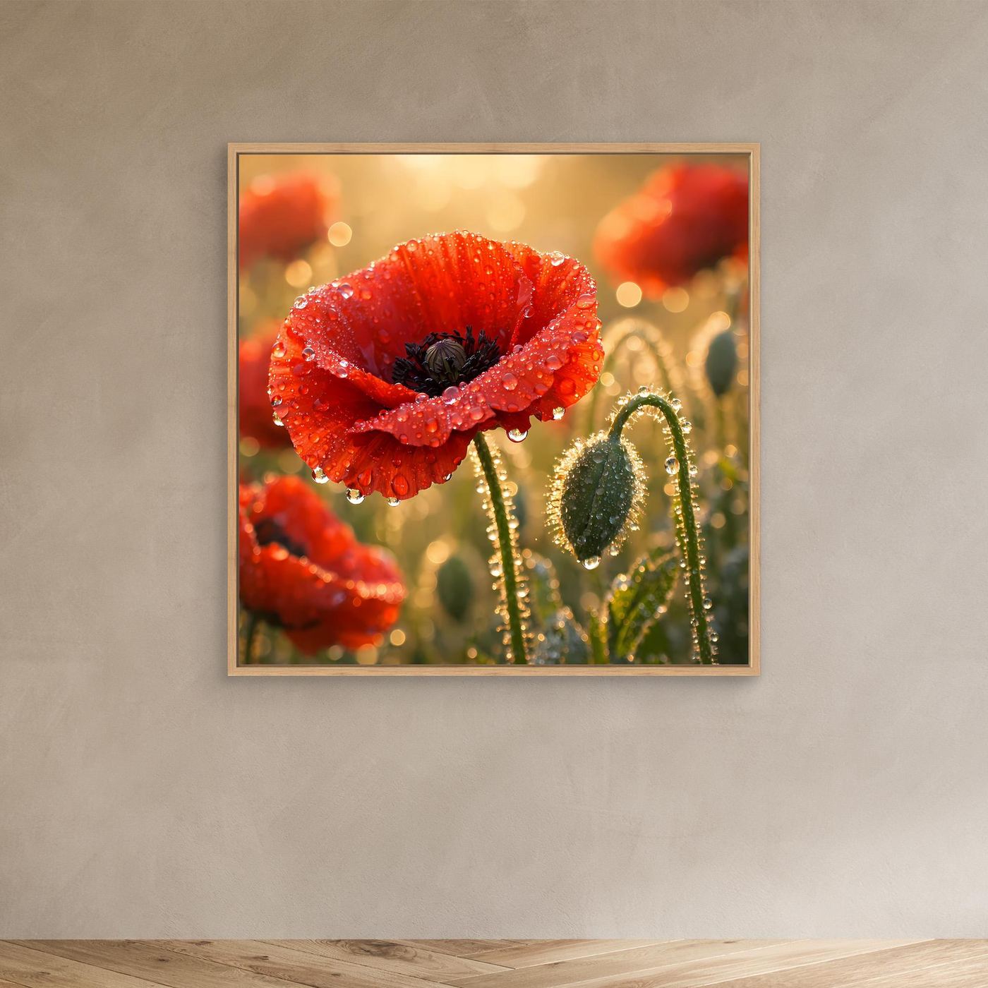Leinwandbild mit rotem Klatschmohn und Wassertropfen, Eichenrahmen