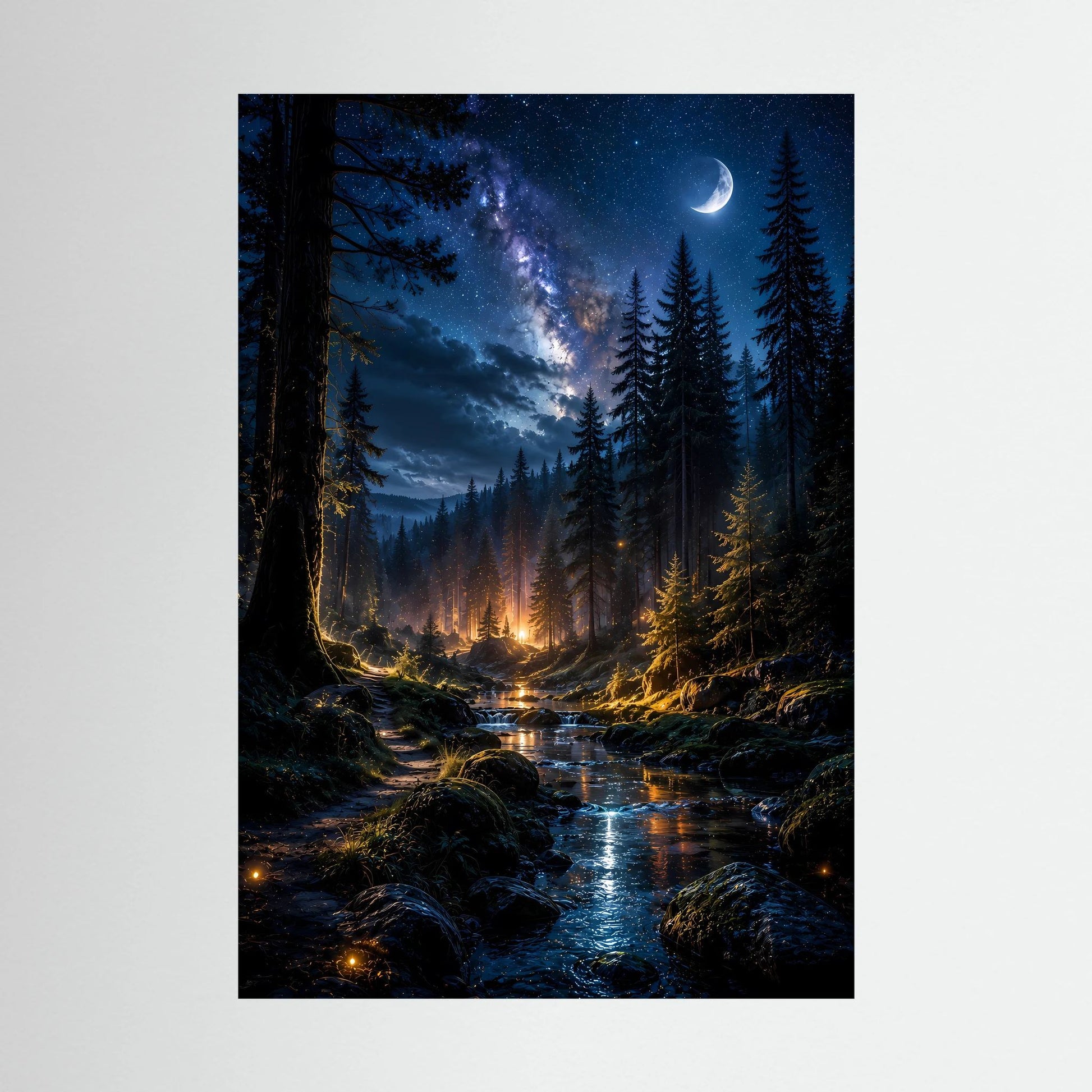Poster Hochformat mit nächtlichem Wald, Sternenhimmel, Mondsichel und Bachlicht