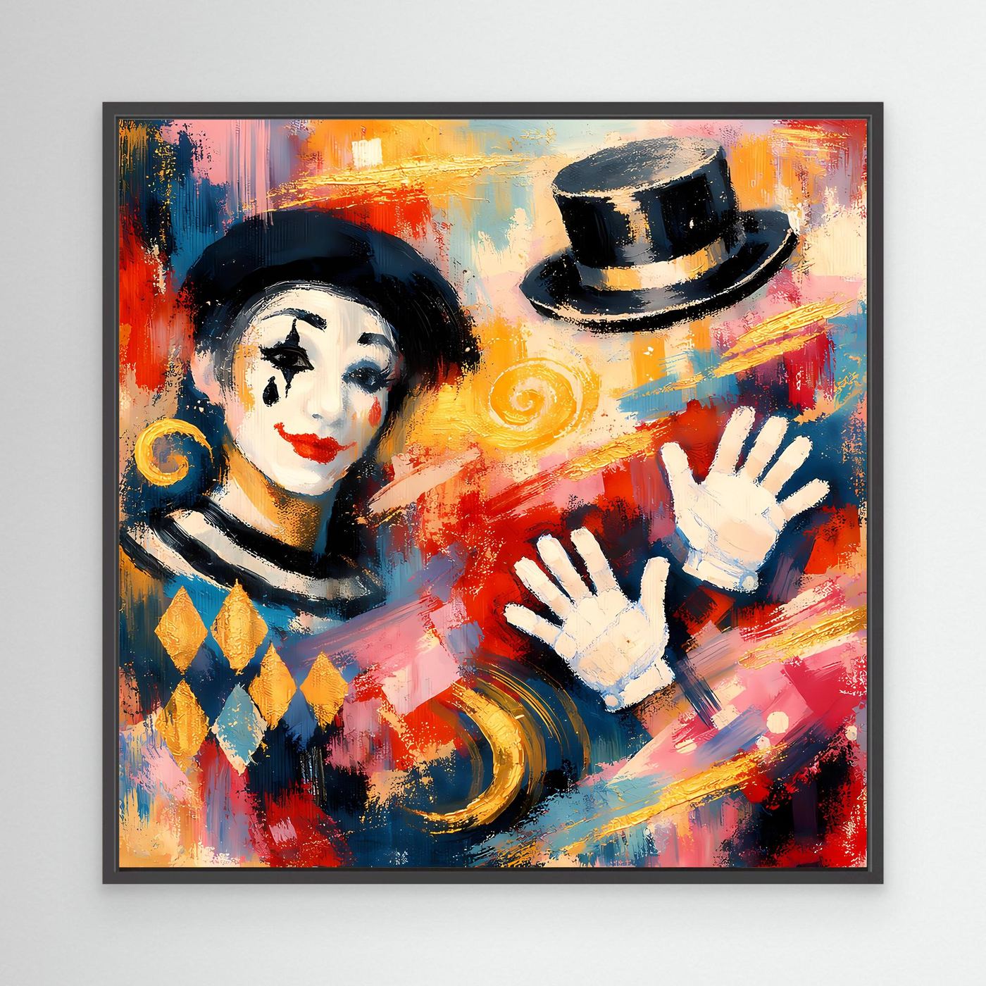Leinwandbild mit Clown im Zylinder, schwarzer Rahmen, Hände und Gesicht in Weiß, bunt
