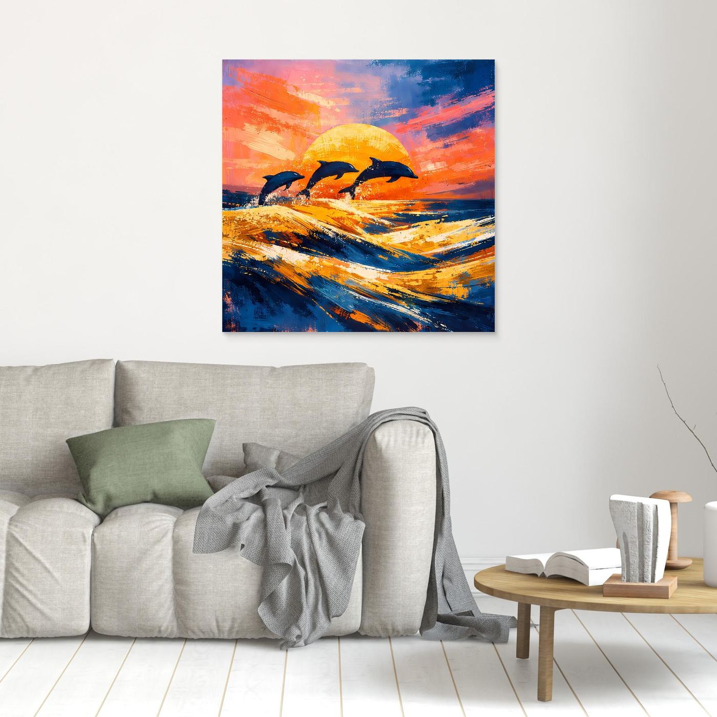 Leinwand Springende Delphine im Sonnenuntergang | Abstraktes Ozean & Meer Wandbild