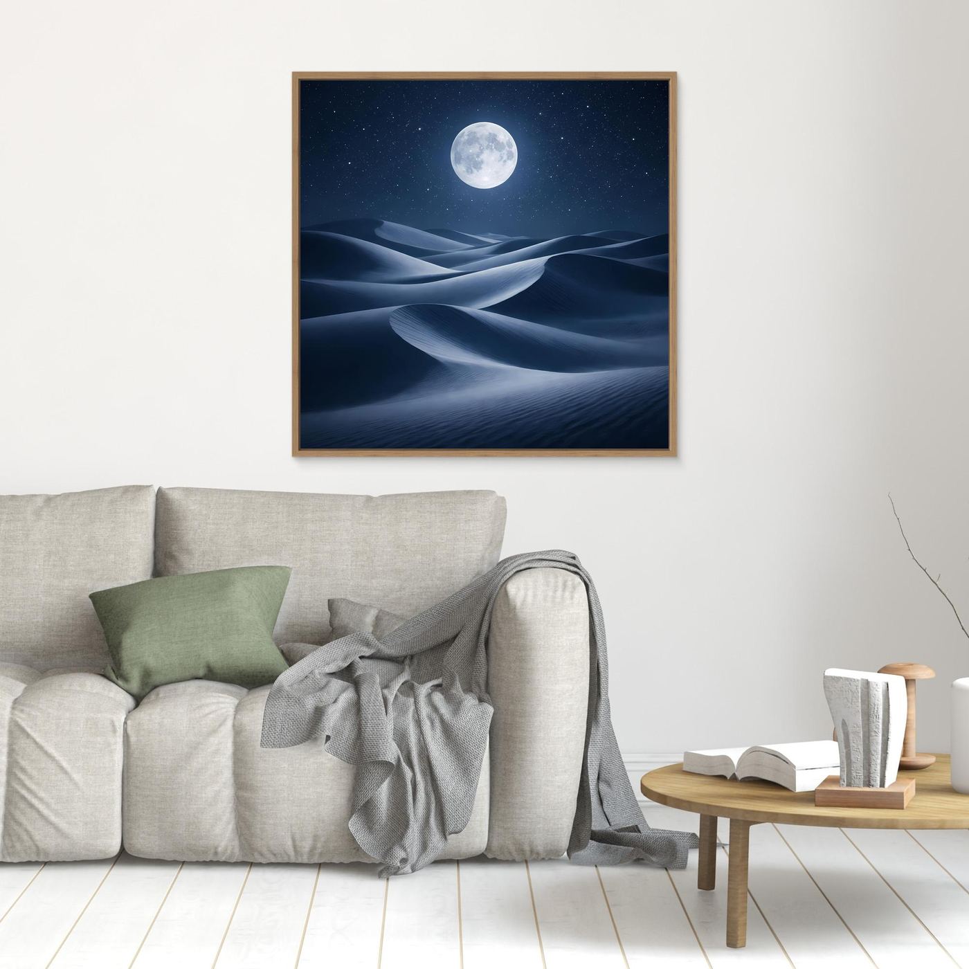 Quadratisches Leinwandbild: Vollmond über Wüstendünen, goldbrauner Rahmen