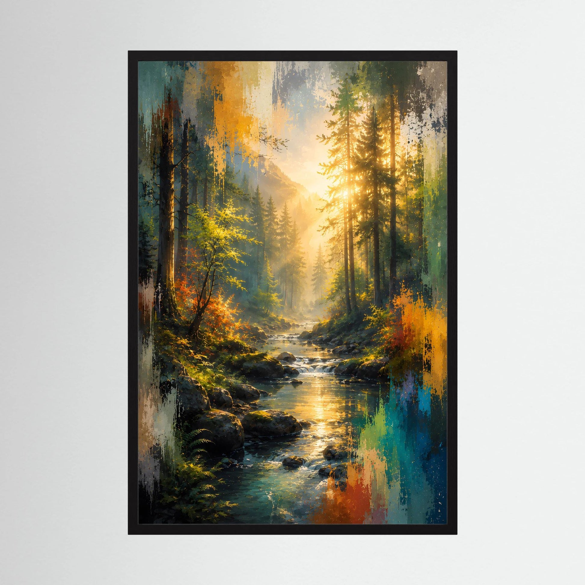 Kunstposter im schwarzen Rahmen mit abstrakter Waldlandschaft und Bachlauf in Blau und Gelb