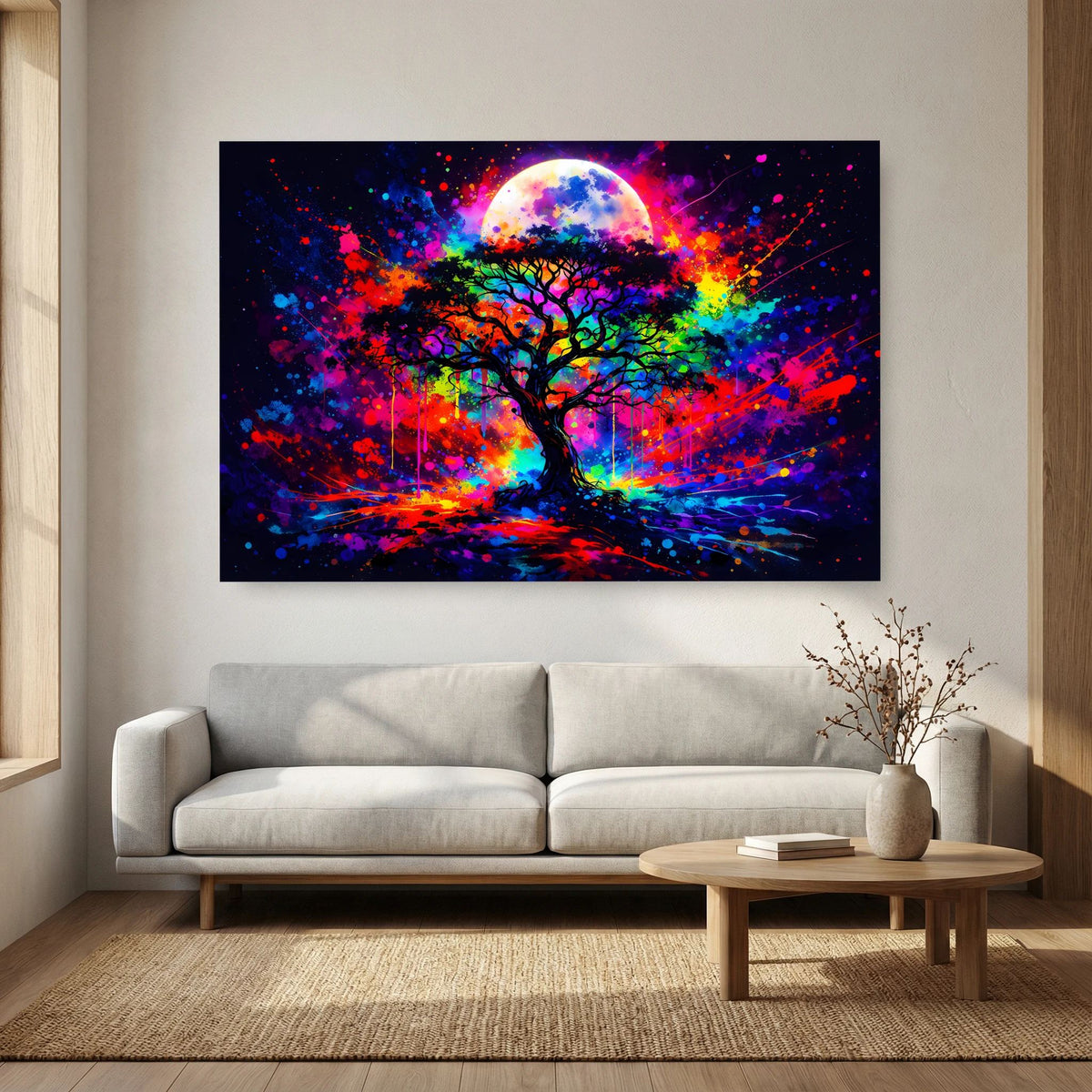 Neon-Wandbild mit Baum und Vollmond, leuchtende Farbspritzer, querformat, schwarzer Rahmen