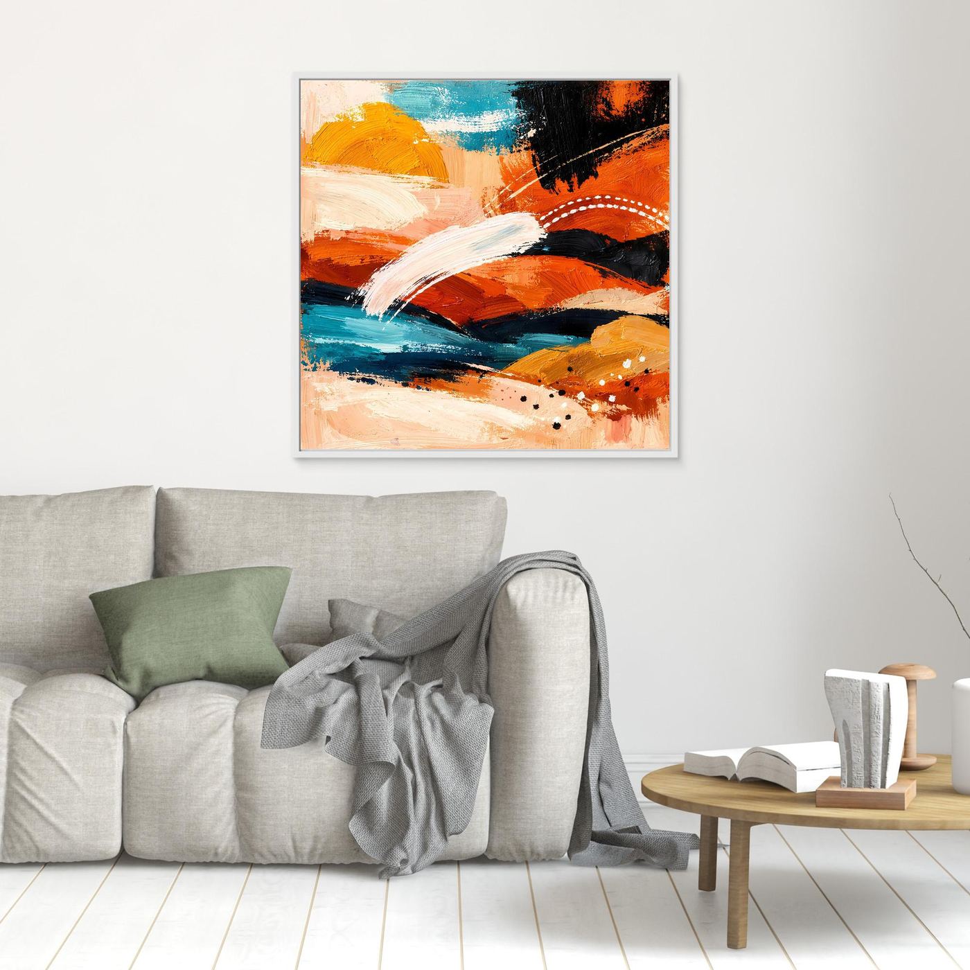 Abstract landscape wall art with teal and orange brushstrokes in a white frame