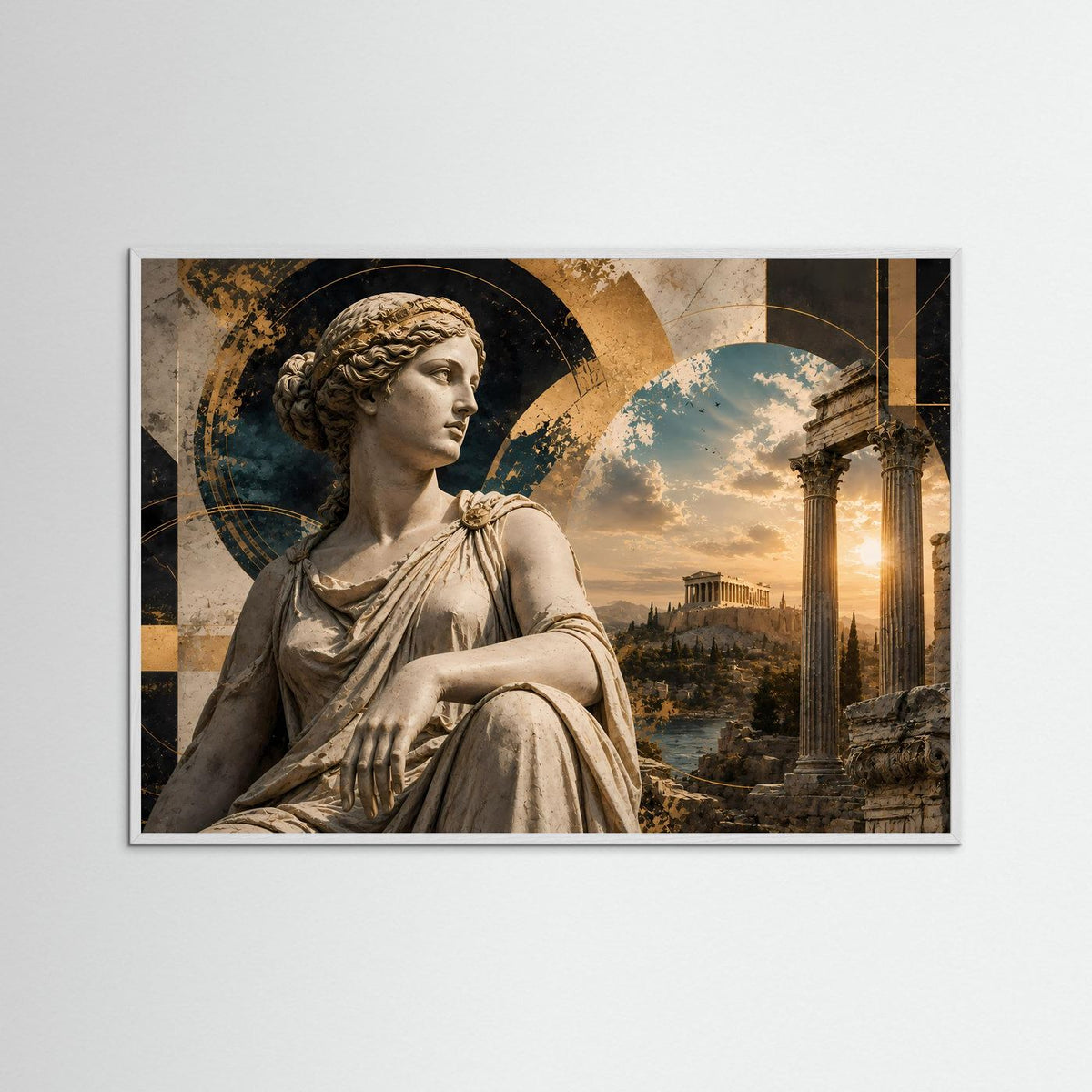 Querformatposter mit antiker Statuette einer Göttin, gerahmt in hellem Holz