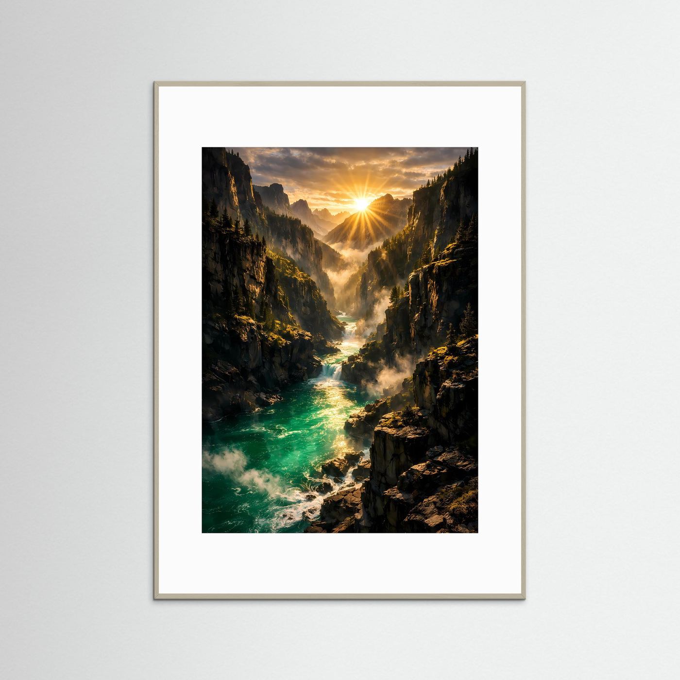 Vertikales Bergposter mit Sonnenaufgang über smaragdgrünem Fluss, grau gerahmt