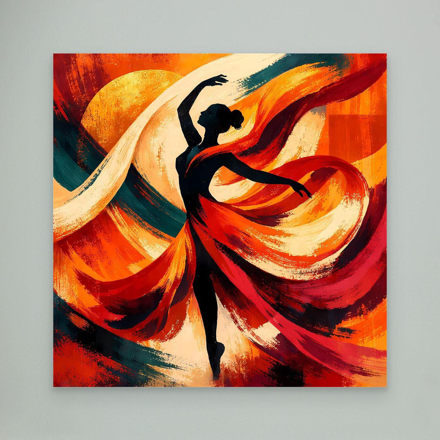 Leinwandbild mit schwarzer Silhouette einer Tänzerin und abstrakten Feuerfarben in Rot und Orange