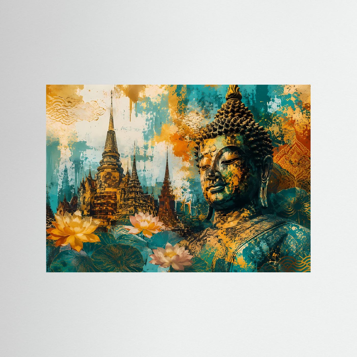 Kunstposter im Querformat mit Buddha, Tempelturm und gelben Blumen