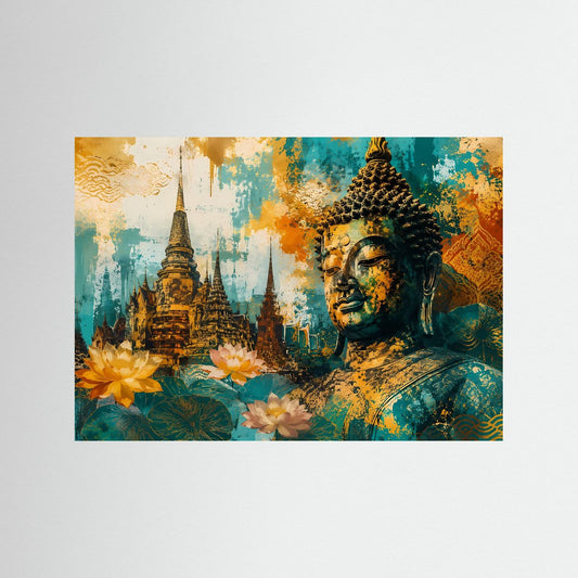 Kunstposter im Querformat mit Buddha, Tempelturm und gelben Blumen