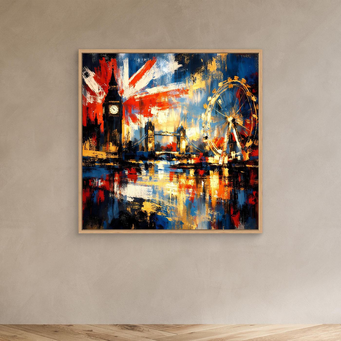Leinwandbild mit London-Skyline und UK-Flagge, farbige Pinselstruktur, Holzrahmen