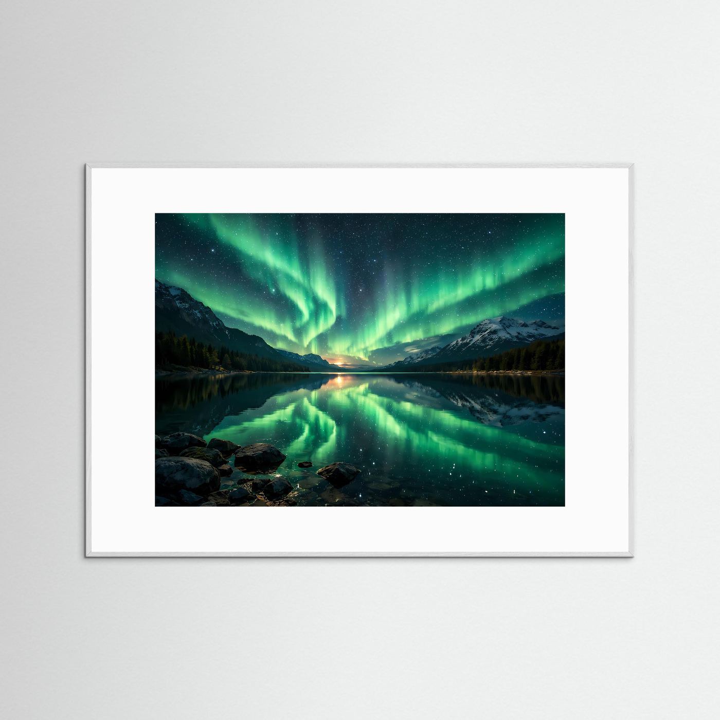 Magische Nordlichter über dem Bergsee | Polarlichter Panorama Natur Poster Querformat