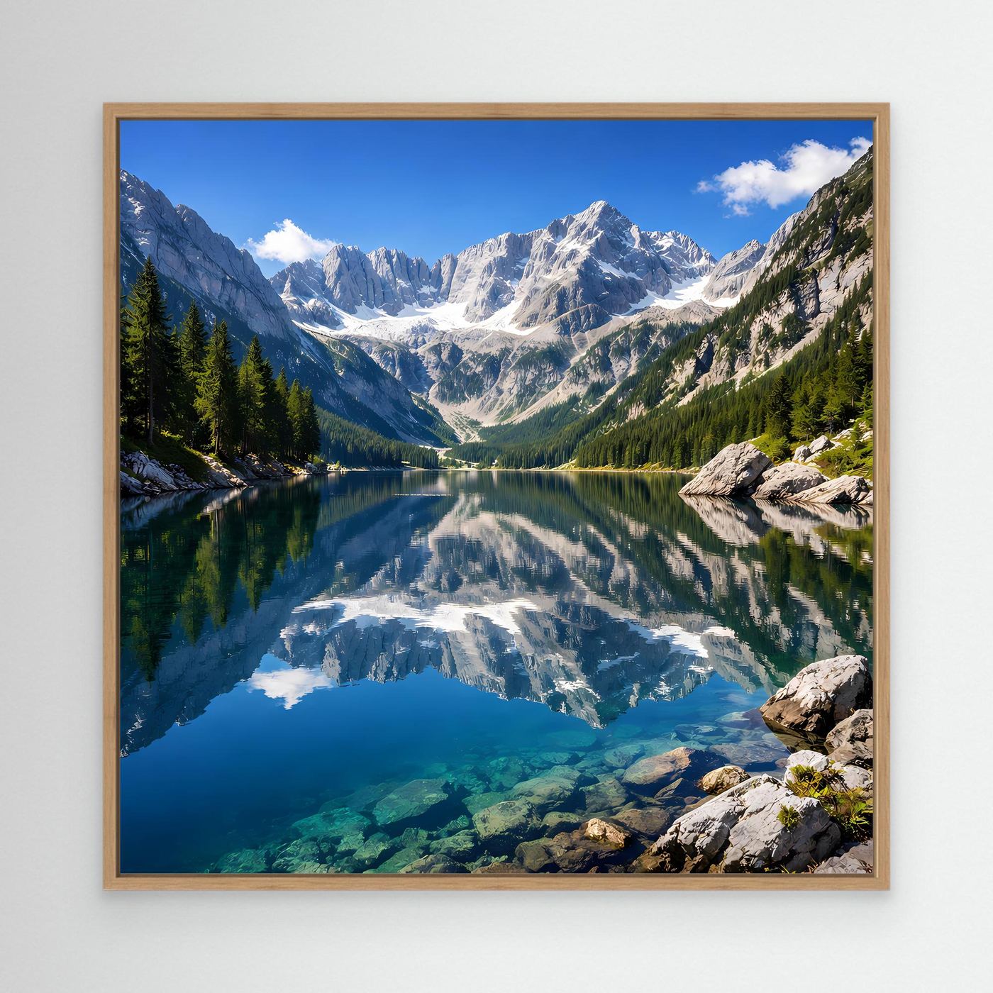 Leinwandbild mit Bergsee und Alpenpanorama im Querformat, Holzrahmen in Eiche