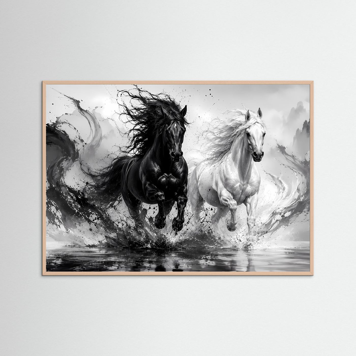 Schwarz Weiß Pferde Poster | Yin Yang Pferde Wandbild | Galoppierende Schwarze und Weiße Pferde | Moderne Abstrakte Pferdekunst