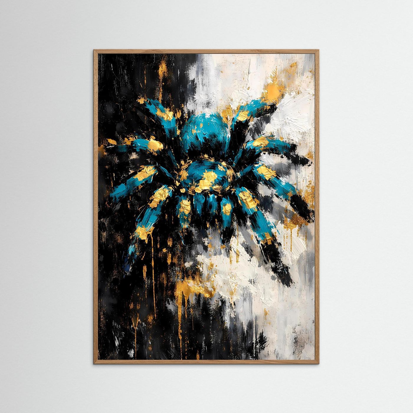 Abstraktes Spinnen-Kunstposter im Hochformat mit beige-braunem Holzrahmen, türkis und Gold