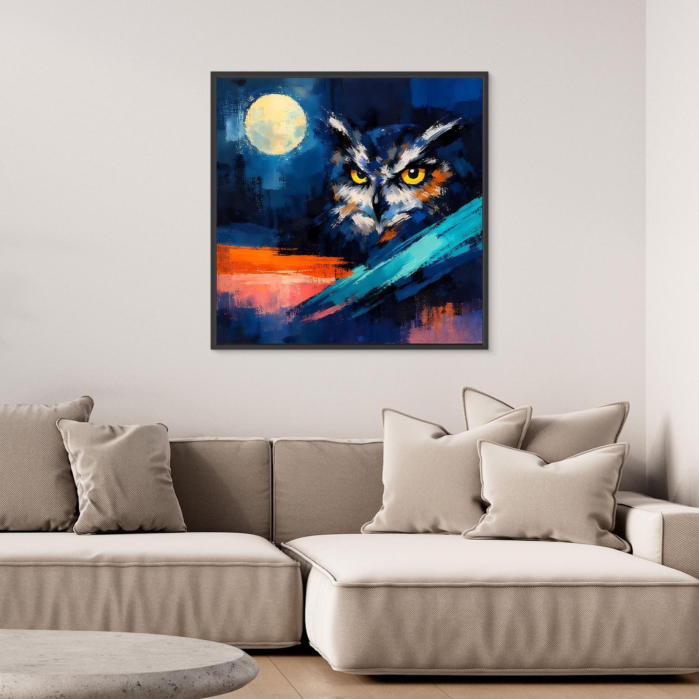 Premium Leinwand Mystische Eule bei Vollmond | Abstraktes Kunst Poster Modernes Nacht Wandbild