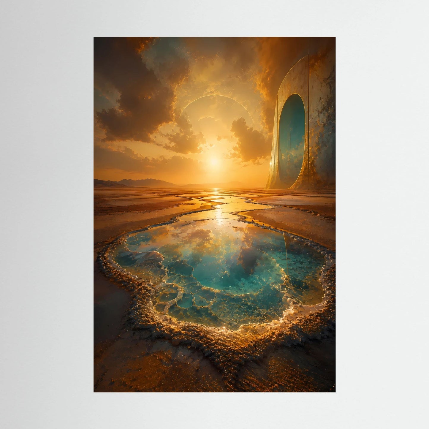Hochformatiges Poster mit goldenem Portal und türkisfarbenem Quellbecken in surrealer Wüstenlandschaft