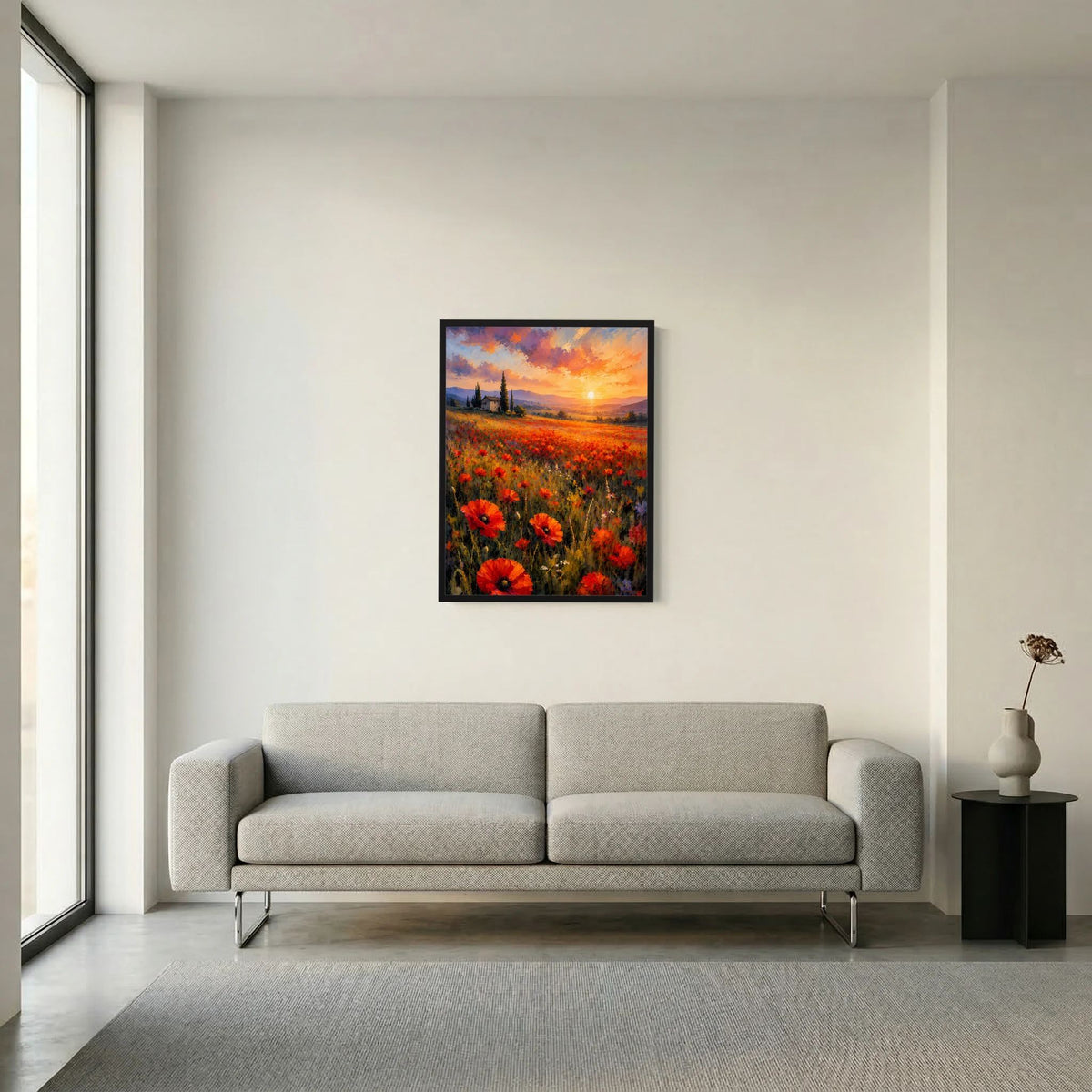 Hochformatiges Poster mit Mohnblumenfeld und Sonnenuntergang in Rot-Orange, schwarzer Rahmen