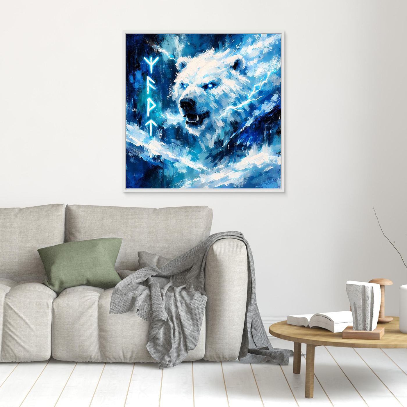 Leinwand-Wandbild im hellen Rahmen mit blauem Eisbär, Runen und abstrakten Lichtstrahlen