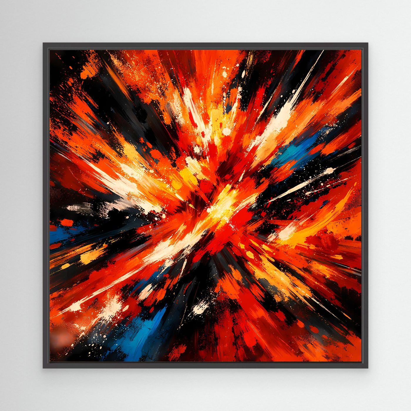 Abstraktes Leinwandbild mit Farbexplosion in Rot, Orange, Schwarz und Blau, schwarzer Rahmen