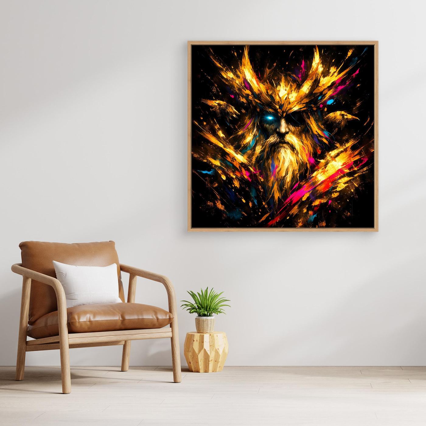 Leinwand Goldener Odin der Allvater mit Raben | Modernes Nordisches Mythologie Wandbild