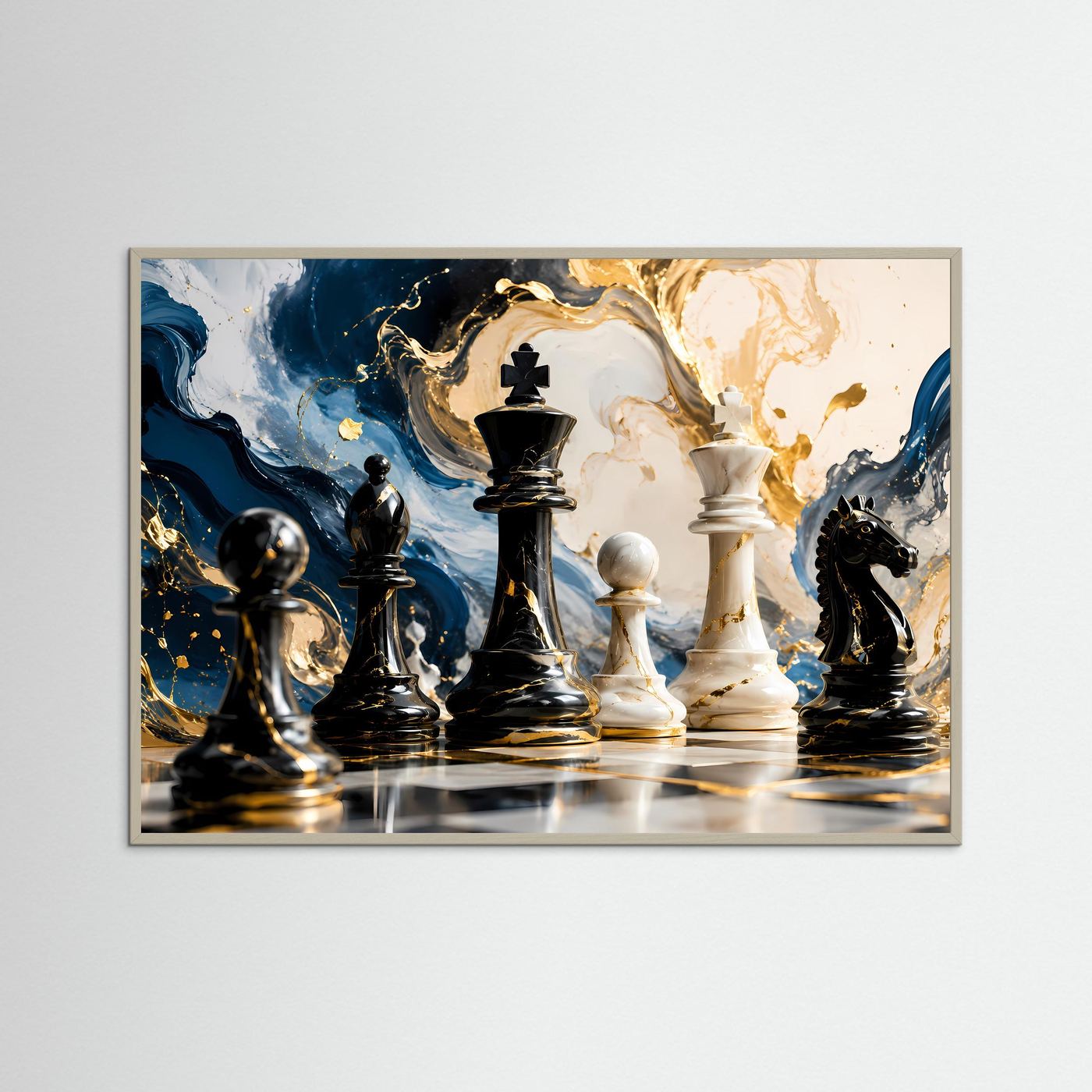 Elegantes Schachspiel in Blau, Weiß & Gold | Strategie & Abstrakte Kunst Wandbild