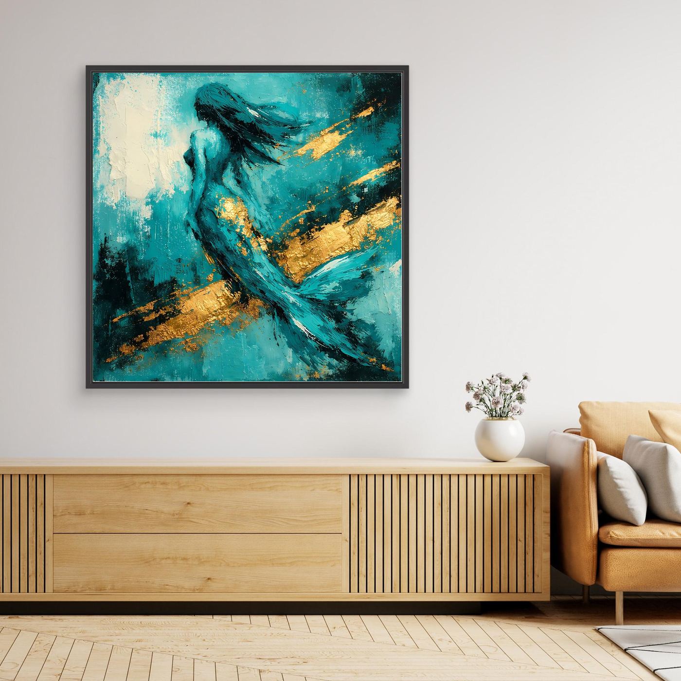 Leinwand Elegante Meerjungfrau in Türkis | Abstraktes Nixen Wandbild Gold Blau