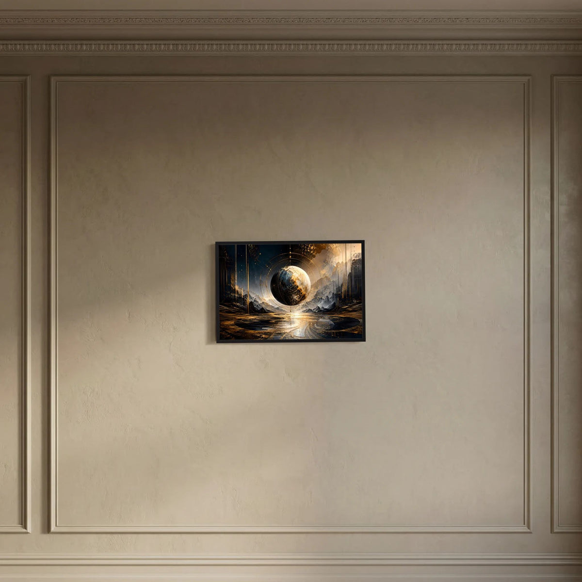 Weltkugel-Poster mit Planeten­sphäre in Gold-Schwarz, dunkler Rahmen