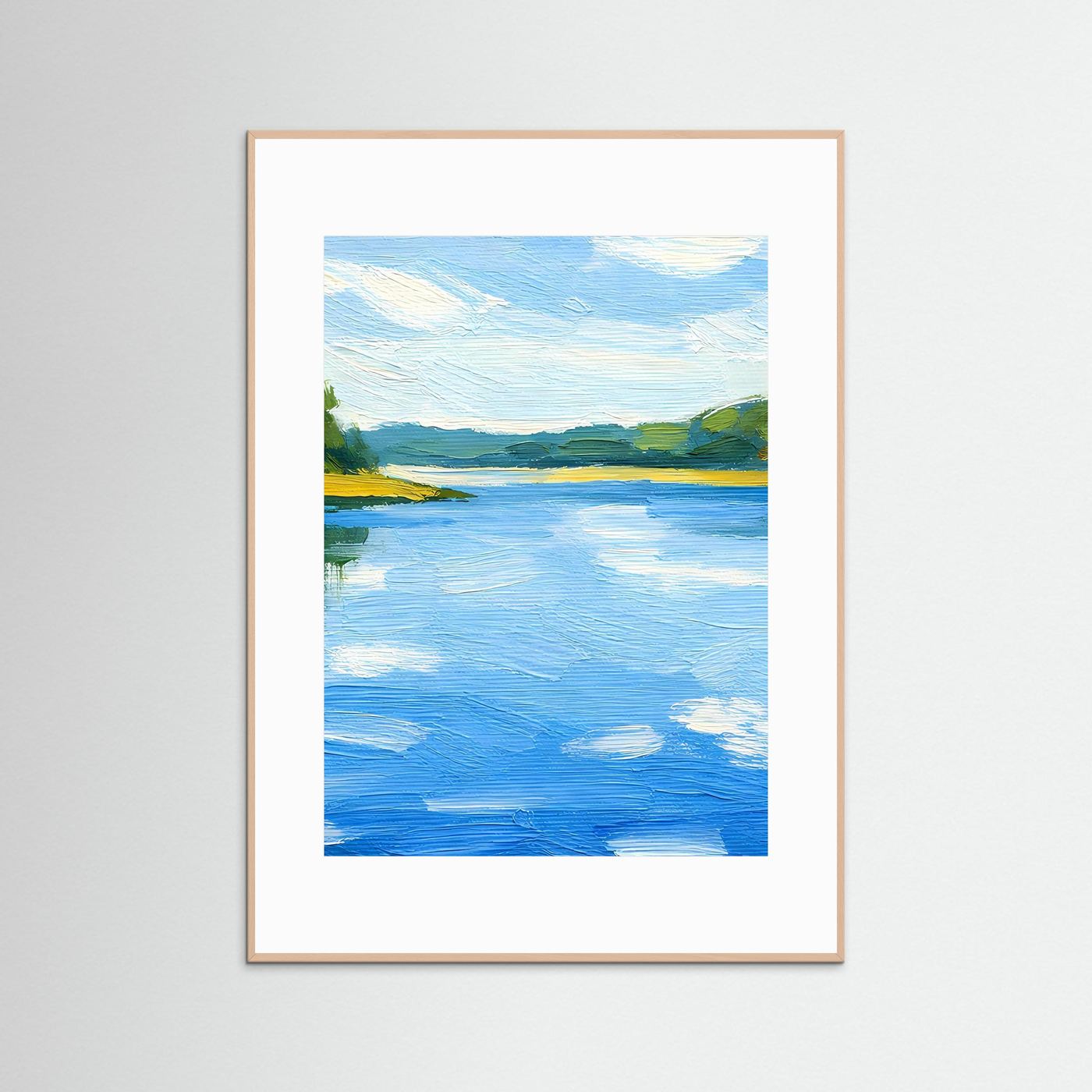 Gerahmtes Wandbild mit Landschaftsmotiv: blauer Himmel, See und grüne Hügel, Holzrahmen