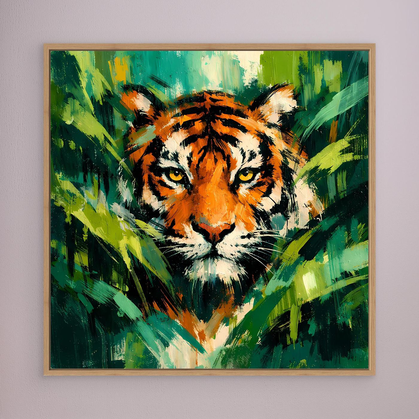 Leinwand Abstraktes Tiger Gemälde | Modernes Wandbild Raubkatze Dschungel Grün Orange