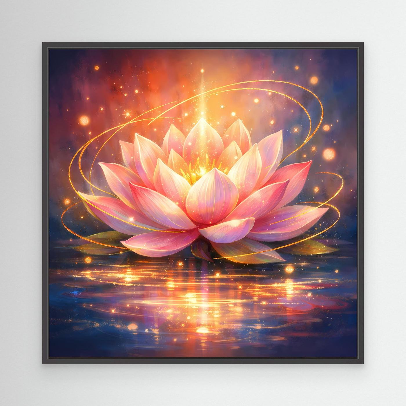Leinwandbild Lotusblüte mit Lichtlinien, rosa Blüten, schwarzer Rahmen
