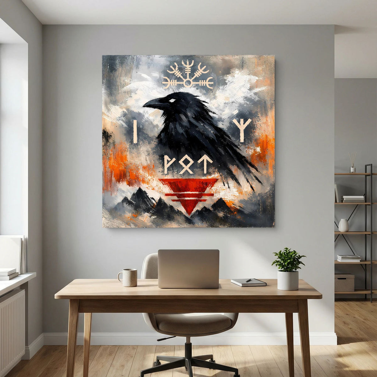Wandbild mit schwarzem Raben, goldenen Symbolen und rotem Dreieck, abstrakte Pinselstruktur