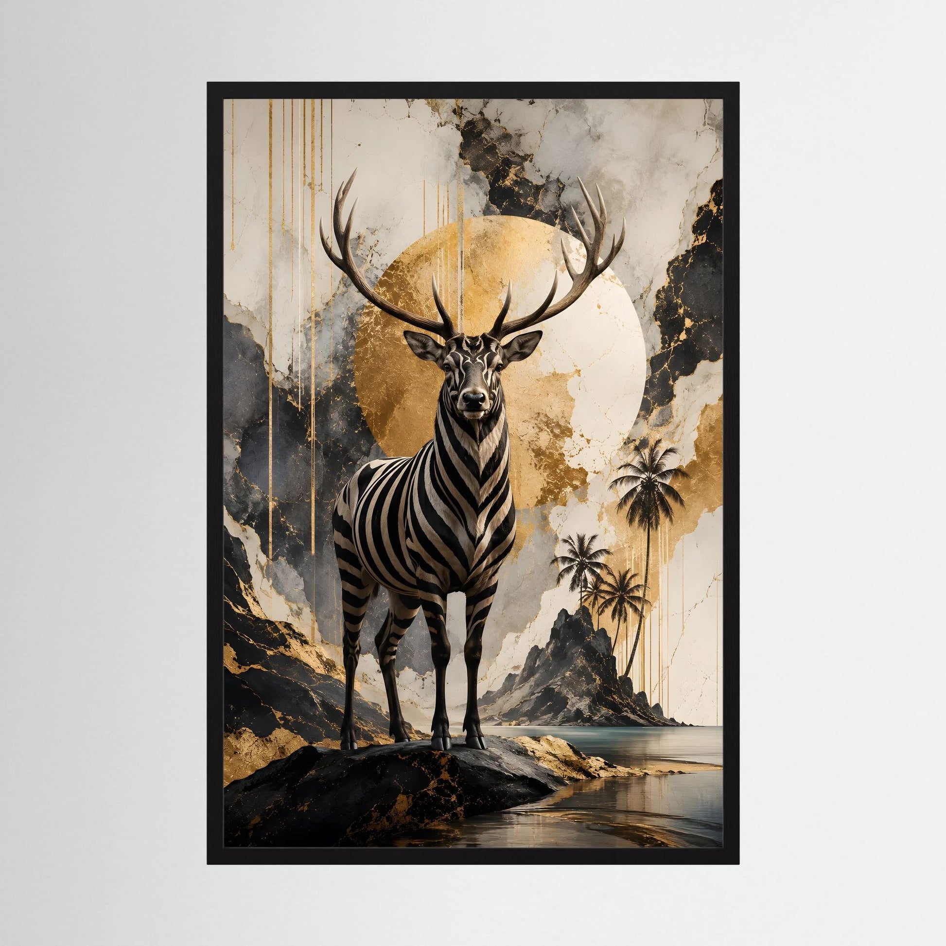 Kunstposter im Hochformat: surrealer Hirsch mit Zebramuster, schwarz, weiß und goldene Akzente