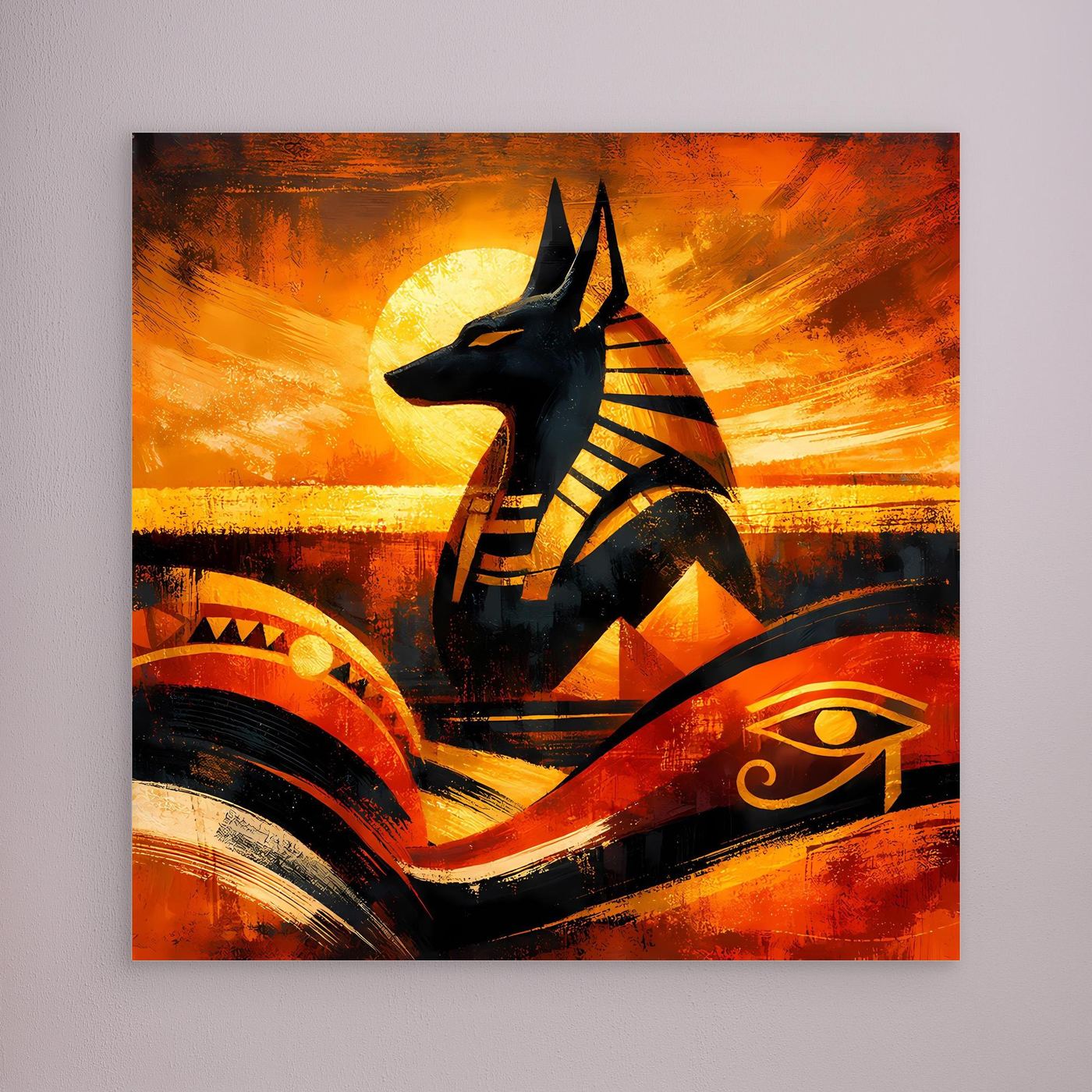 Wandbild Leinwand mit Anubis-Silhouette in Schwarz mit goldenen Streifen, orangefarbenes Licht, ohne erkennbaren Rahmen