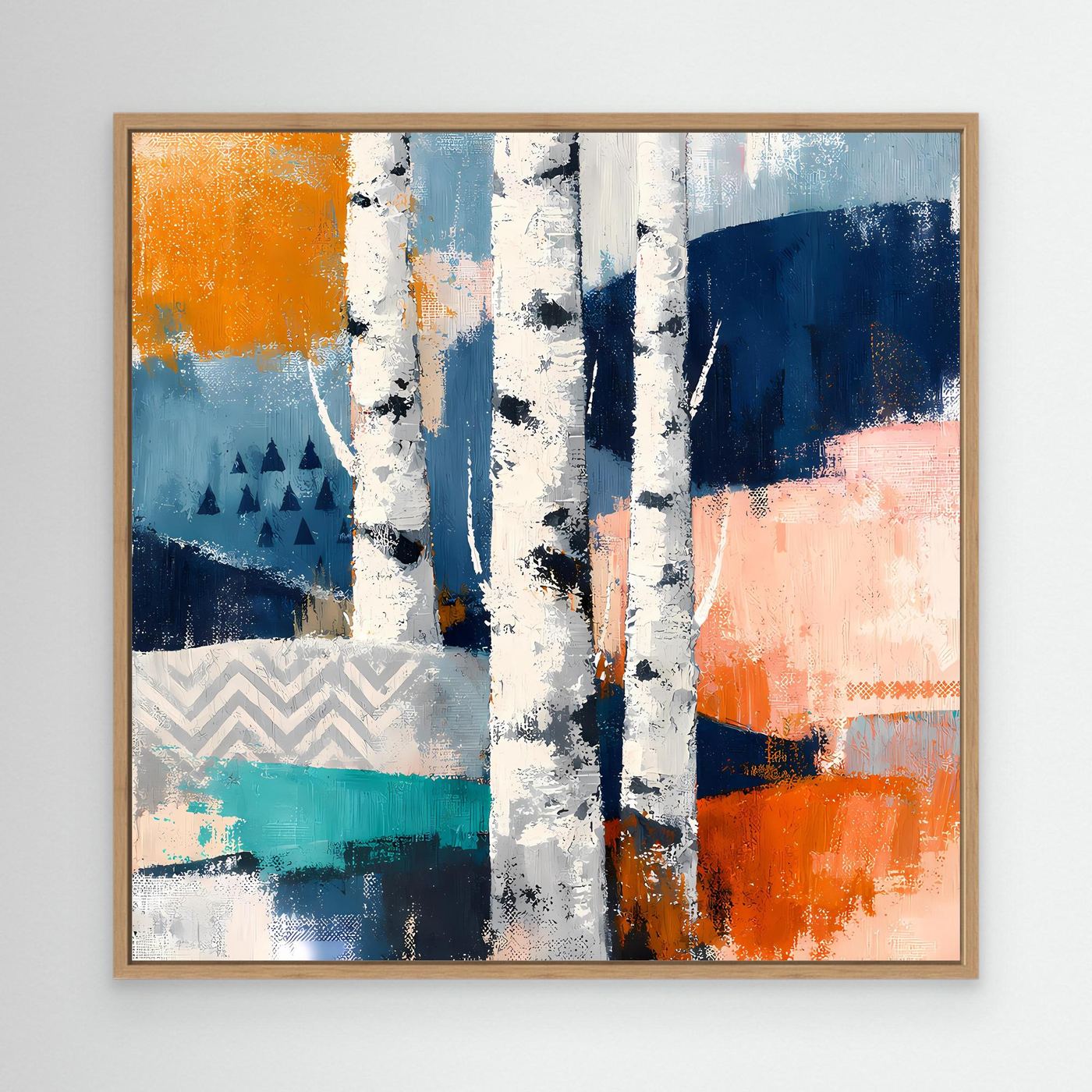 Abstraktes Leinwandbild Birkenwald-Motiv mit hellem Holzrahmen, orange-blau-grün Akzenten