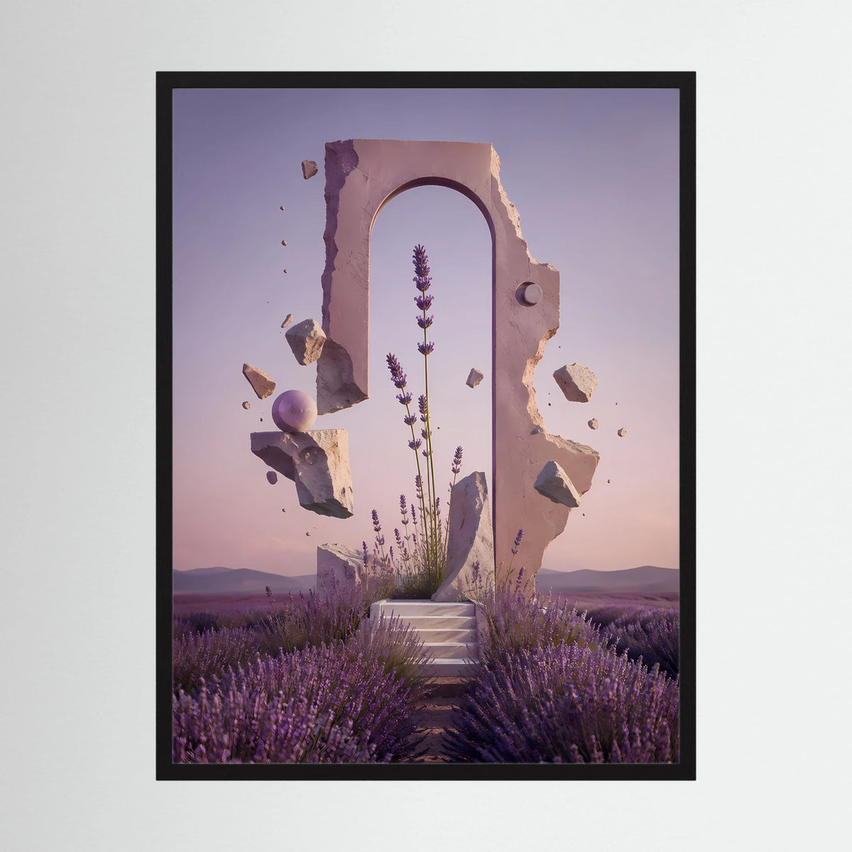 Hochformat-Poster mit schwarzem Rahmen: violette Lavendelfelder und Portalbogen