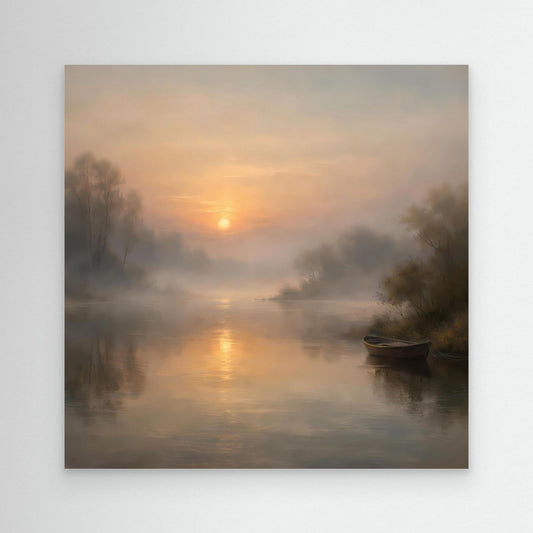 Leinwandbild: nebliger Flussmorgen mit Sonnenaufgang, Boot und Uferbäumen