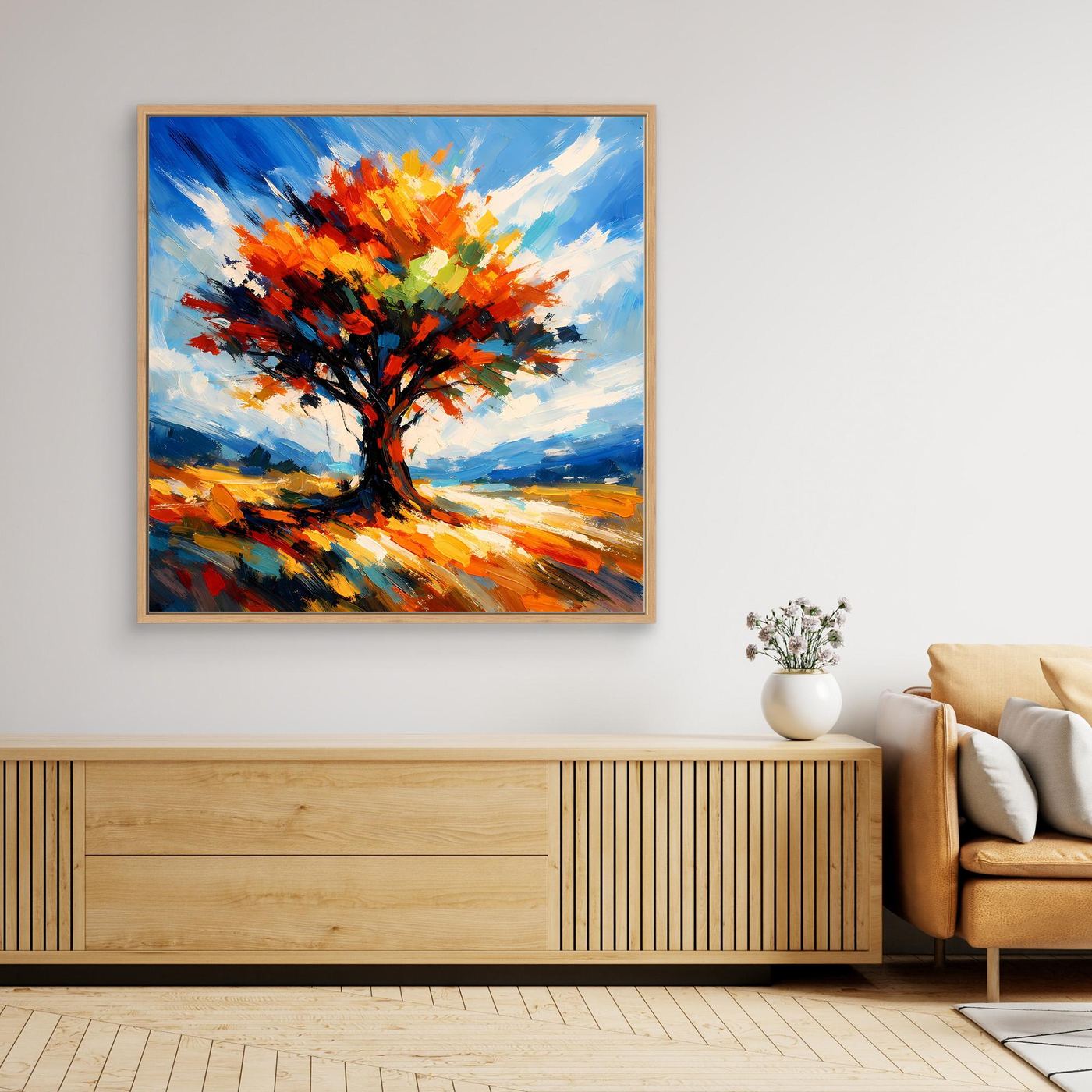 Leinwandbild eines bunten Herbstbaums mit leuchtender Krone, Pinseloptik, quadratisch, heller Holzrahmen
