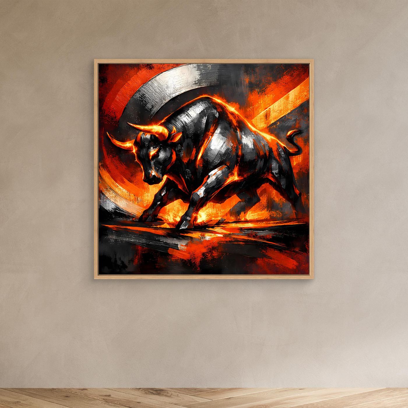 Leinwand-Wandbild mit abstraktem Stier, schwarz-grau, orange Flammen im hellem Holzrahmen